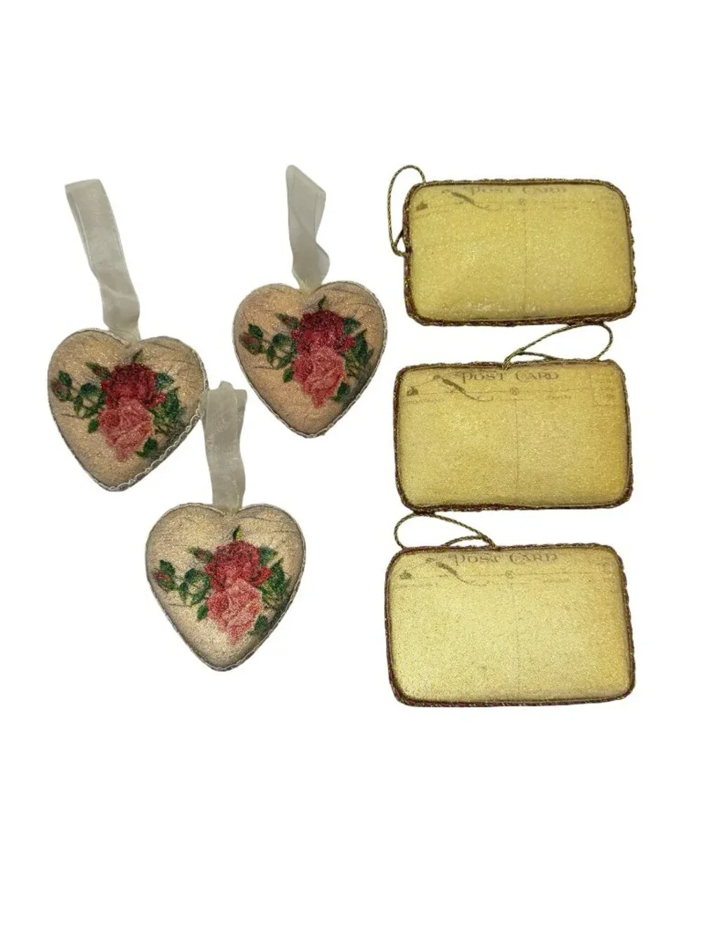 Vintage Papier Mache Rose Christmas Ornaments Set of 6 Victorian Postcard Hearts